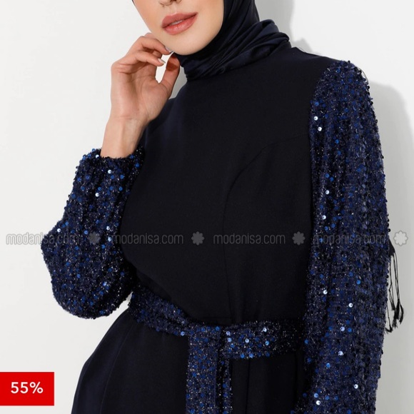 Modanisa Navy Blue Crew Neck Unlined Crepe Dress with Sequins Sleeves - Picture 3 of 3